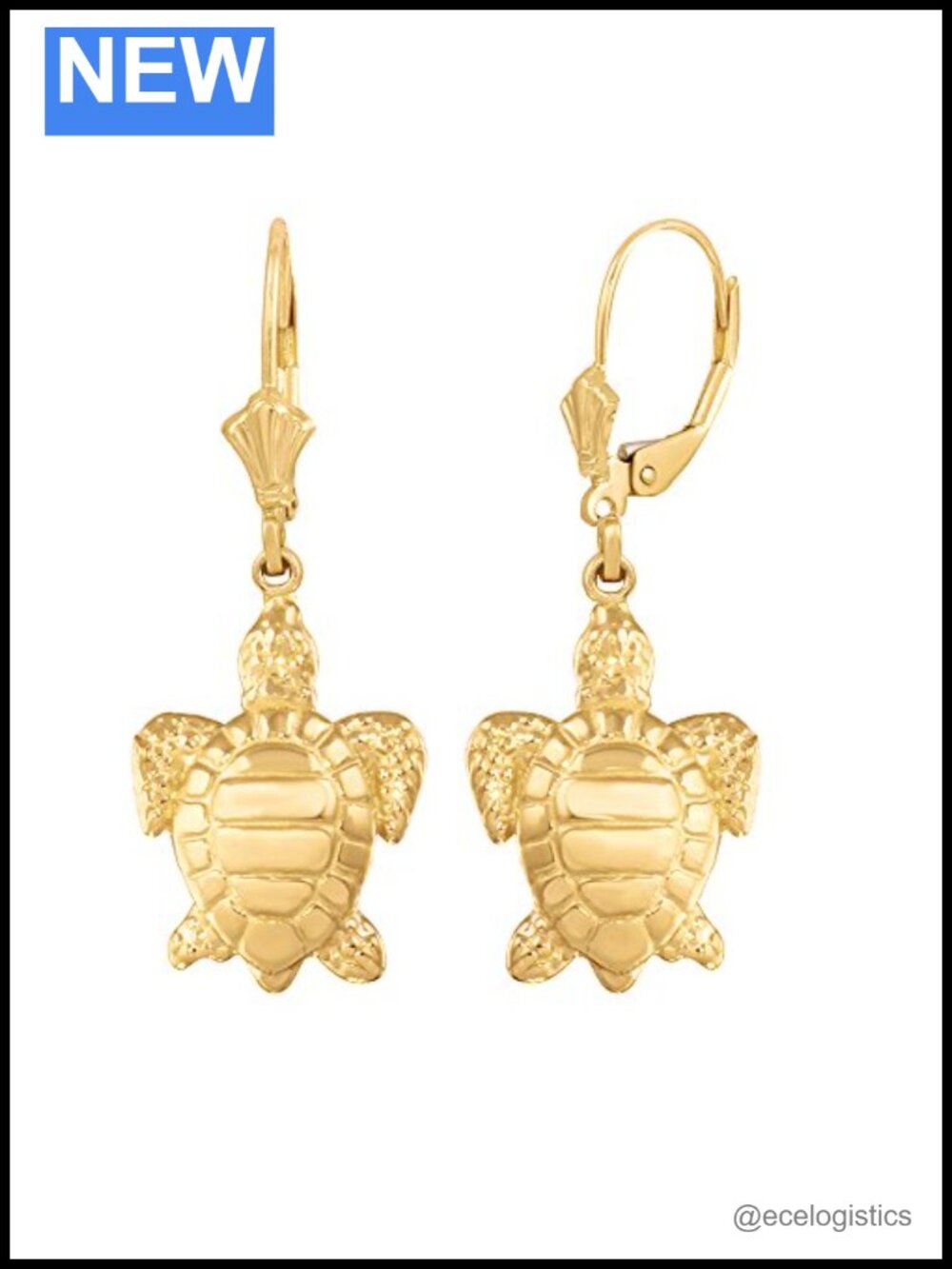 14K Yellow Gold Turtle Seashell Dangle Lever Back Earrings